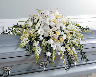 White Half Couch Casket Spray with Knitting Accents