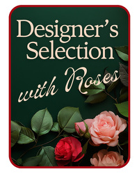 Designer's Choice with Roses in Glass Vase 