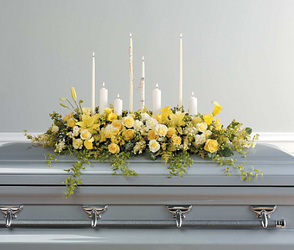 Yellow Triple Casket Spray with Rosary and Candles