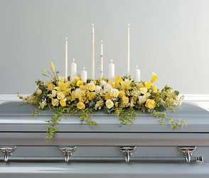 Yellow Triple Casket Spray with Rosary and Candles Yellow Triple Casket Spray with Rosary and Candles