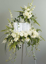 White Standing Spray with Bible White Standing Spray with Bible