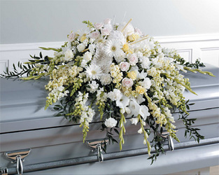 White Half Couch Casket Spray with Knitting Accents White Half Couch Casket Spray with Knitting Accents