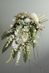 White Standing Spray in Fireside Basket White Standing Spray in Fireside Basket