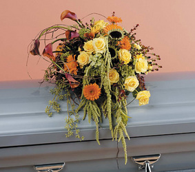 Orange and Yellow Cascading Half Couch Casket Spray Orange and Yellow Cascading Half Couch Casket Spray