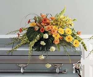 Orange & Yellow Tropical Accents Half Couch Casket Spray Orange & Yellow Tropical Accents Half Couch Casket Spray