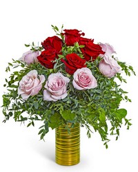 One Dozen Pink and Red Roses in Gold